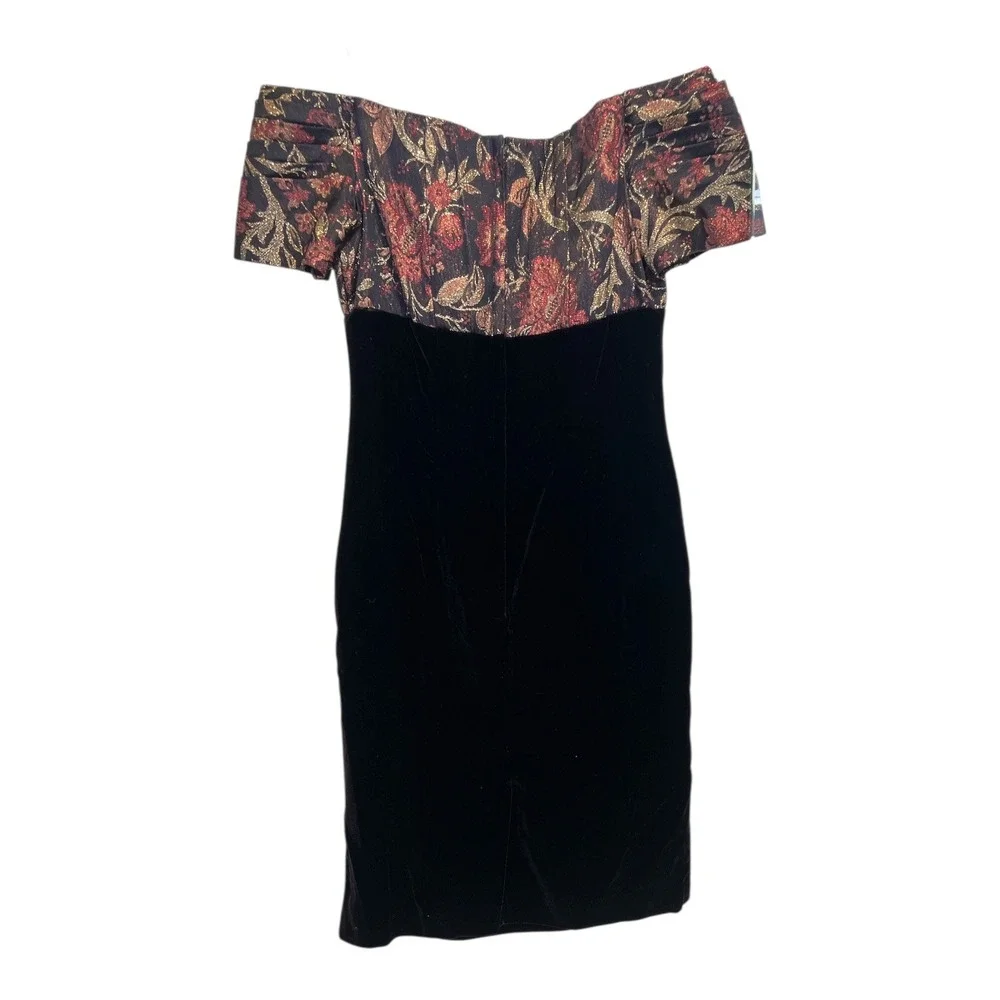 Scott McClintock Vintage 90's Black Velvet Cocktail Dress 6 Off Shoulder Jaquard